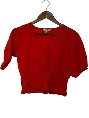 Sim & Sam Smocked Wrap V Neck Crop Top Puff Sleeve Blouse Ruffle Red Cottagecore